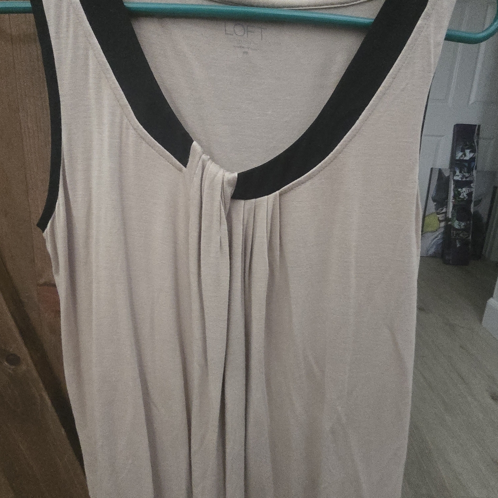 LOFT Cream Sleeveless Pleated Front Blouse with Black Trim
